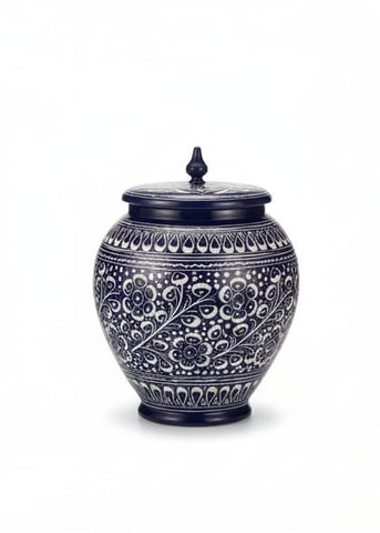 Hand-Painted Ceramic Ginger Jar with Lid – Decorative Black & White Storage Jar, Traditional Art Design for Home Décor, Living Room, Kitchen or Shelf Display