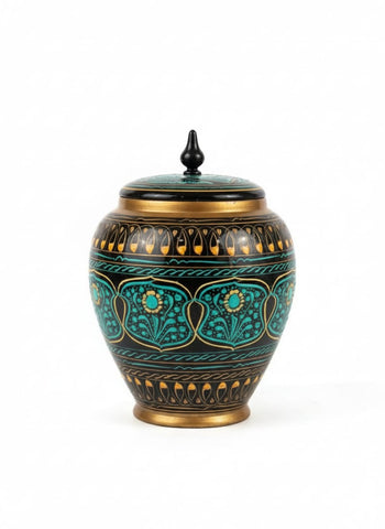 Handcrafted Artisan Decorative Ceramic Vase with Removable Lid - Exquisite Blue & Gold Floral Pattern - Bohemian Style Lidded Jar for Living Room, Shelf, or Mantel Decor