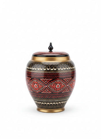 Handcrafted Lacquer Art Decorative Jar with Finial Lid - Rich Red & Black Hand-Painted Floral Design - Ethnic Decorative Vase & Storage Pot - Vintage-Style Ornament for Living Room Decor