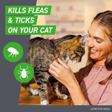 Woman petting a cat with text about flea and tick treatment on a gray background