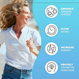 Woman running outdoors with health benefits listed on a blue background