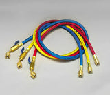 Set of colorful hoses with fittings on a gray background