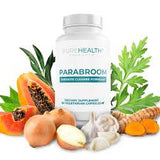  bottle labeled 'Parabroom' by Pure Health Research on a wooden surface with a blurred background.